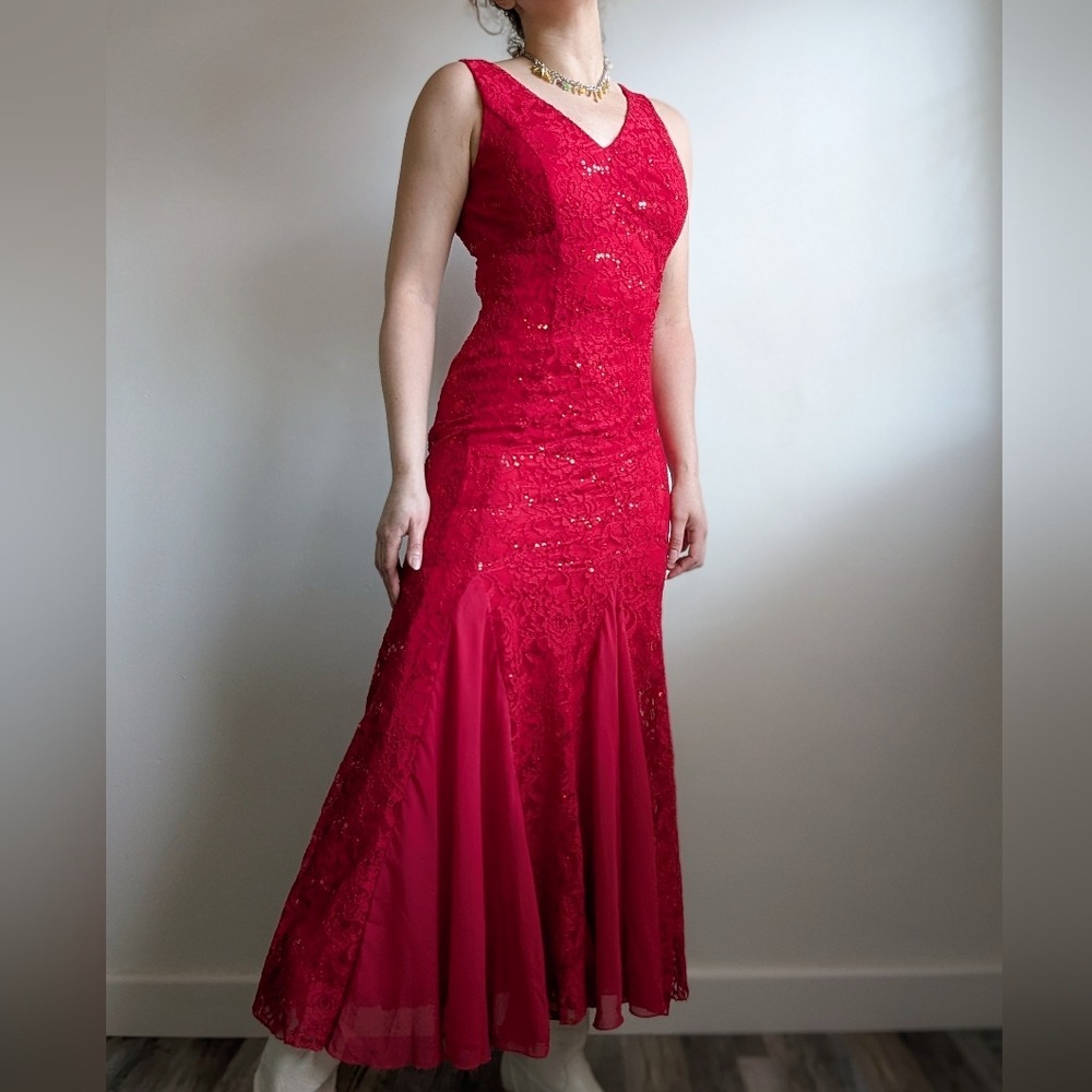 Vintage 90s Red Vampy Embellished Lace Tiered Formal Maxi Dress